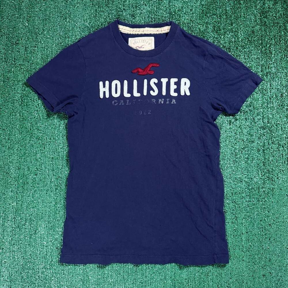 Y2K Mens Hollister Navy Blue Crew Neck T-Shirt Embroidered Logo Small